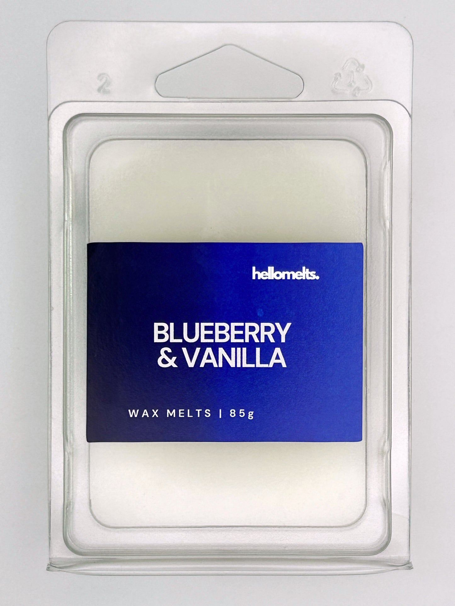 Close-up front view of Blueberry & Vanilla 85g wax melt bar by Hellomelts, showing wax texture and bold label colour