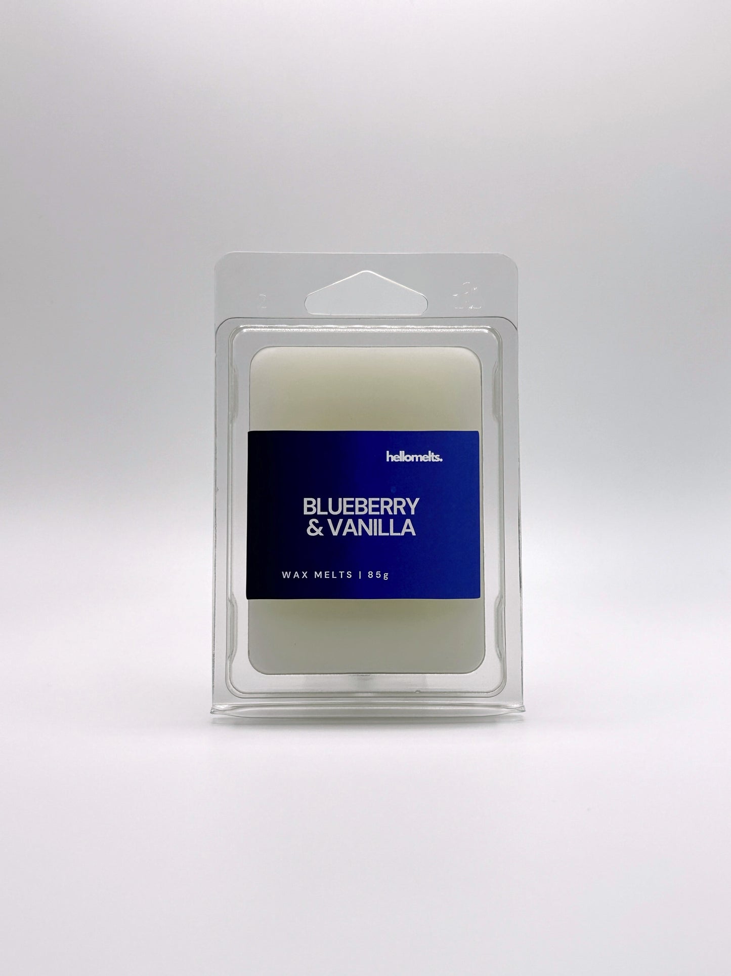 Front-facing view of Hellomelts Blueberry & Vanilla 85g wax melt bar from the Summer Collection, featuring rich blueberry-toned label