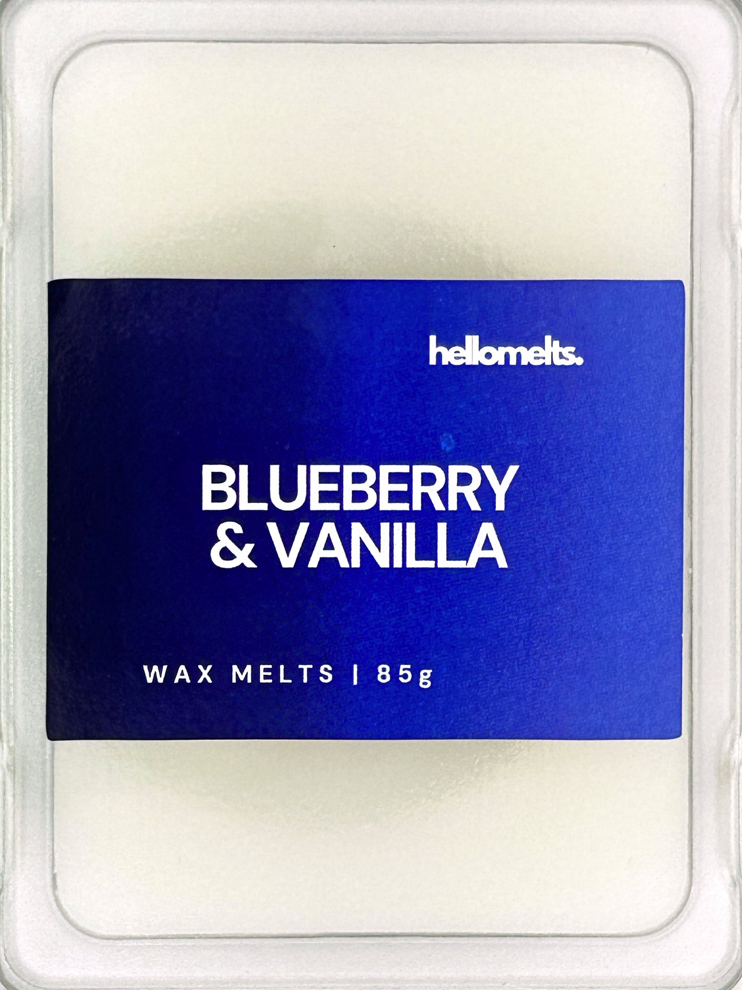 Close-up of the Blueberry & Vanilla 85g wax melt label, showing detailed branding and fruity vanilla scent design from Hellomelts