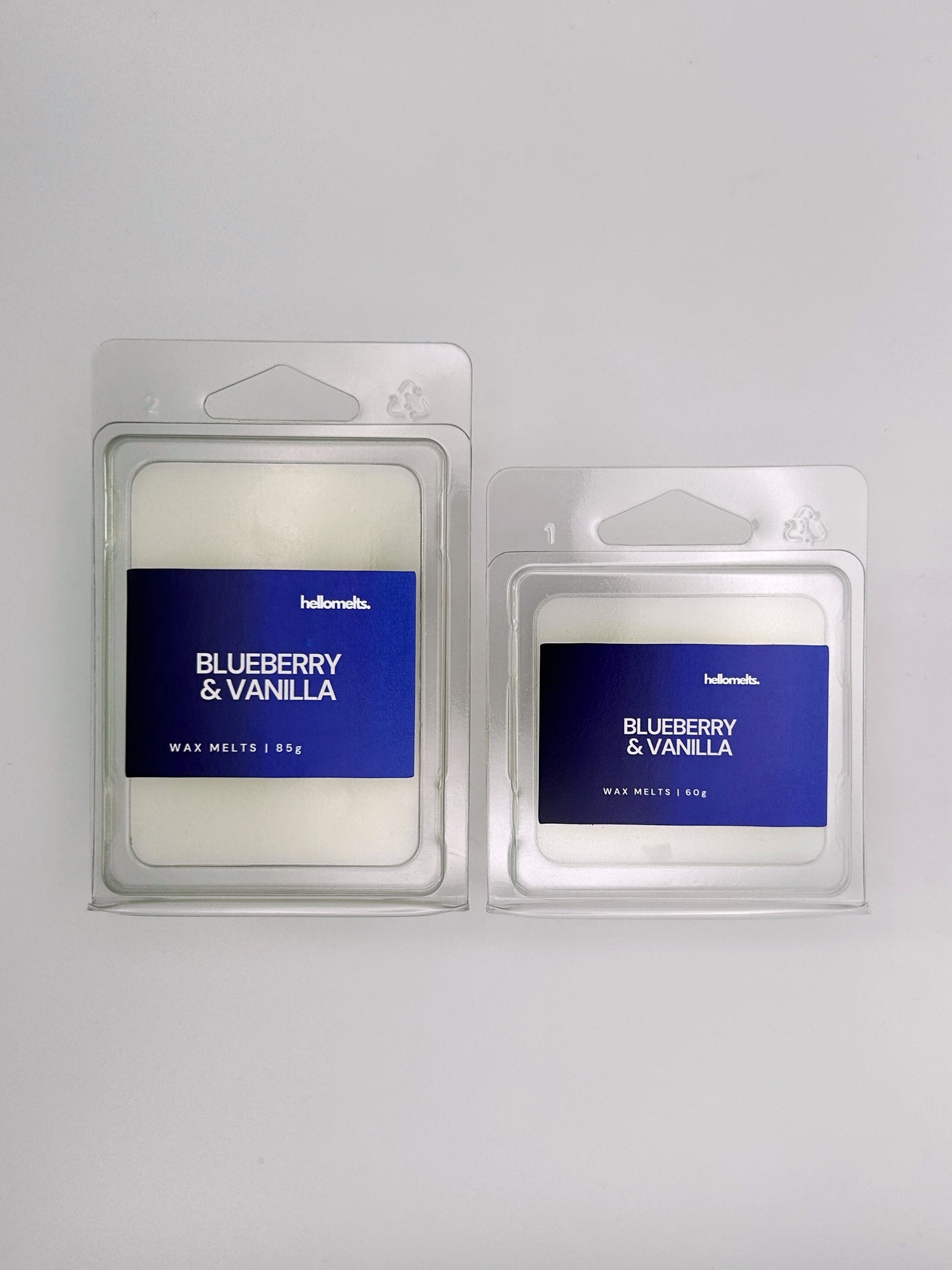 Side-by-side view of Hellomelts Blueberry & Vanilla wax melts in both 85g and 60g sizes from the Summer Collection