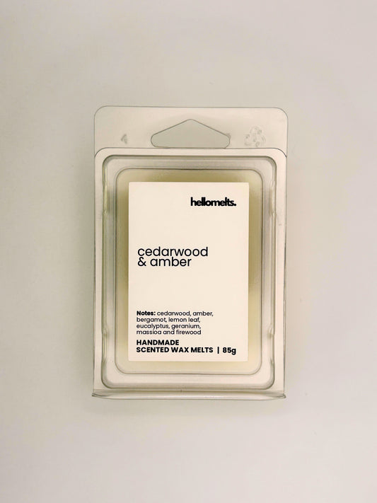 Front view of Cedarwood & Amber 85g wax melt in clear clamshell packaging from the Hellomelts Autumn Collection