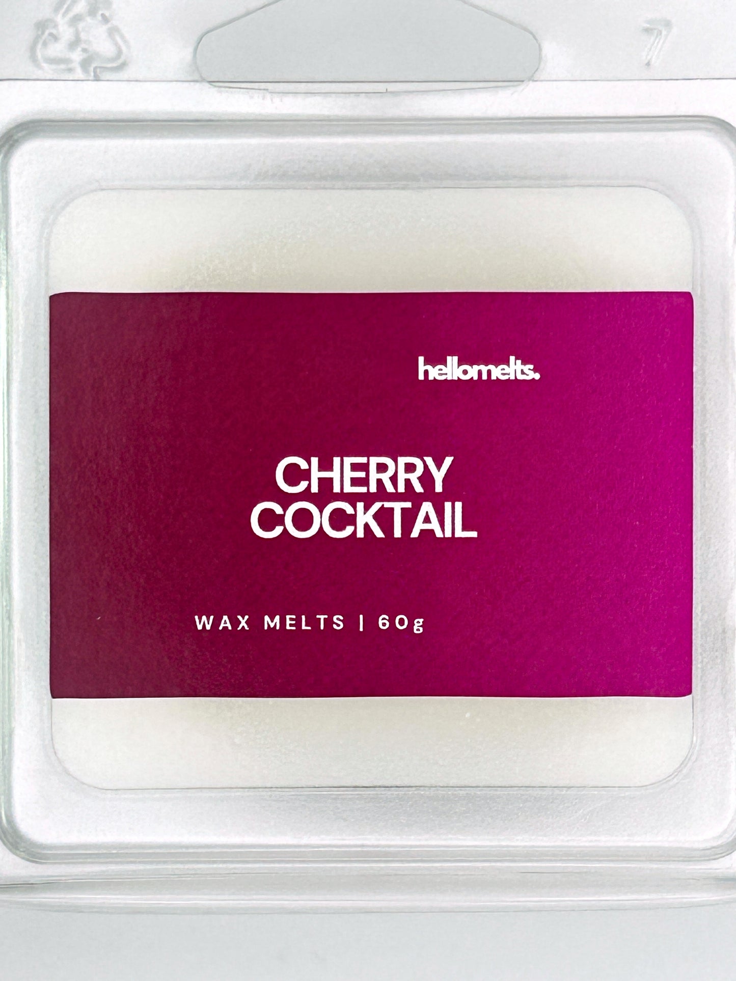 Close-up of the Cherry Cocktail 60g wax melt label, showing Hellomelts branding and cherry cocktail-inspired summer design