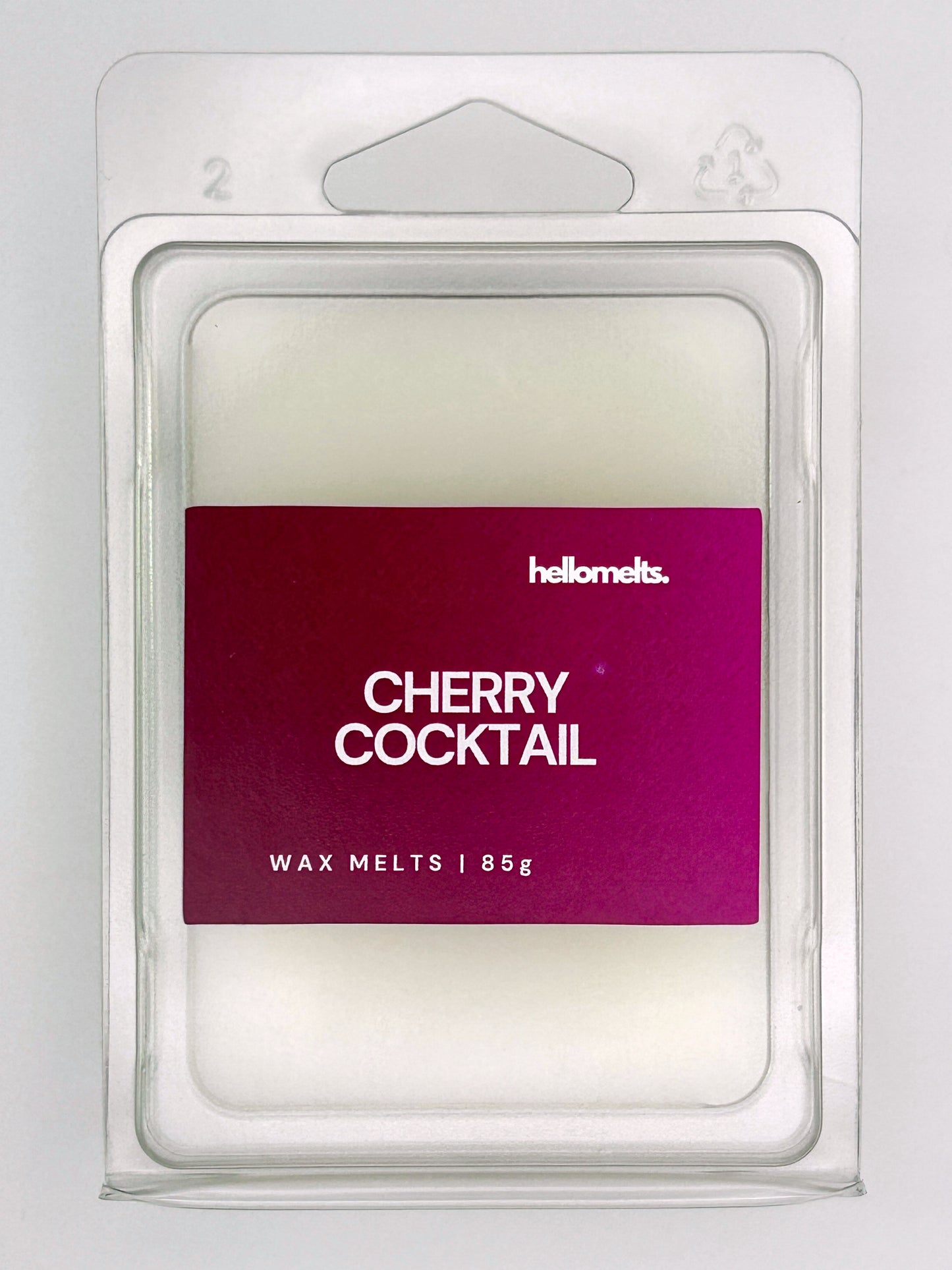 Close-up front view of Cherry Cocktail 85g wax melt bar by Hellomelts, showcasing bold red cherry summer label