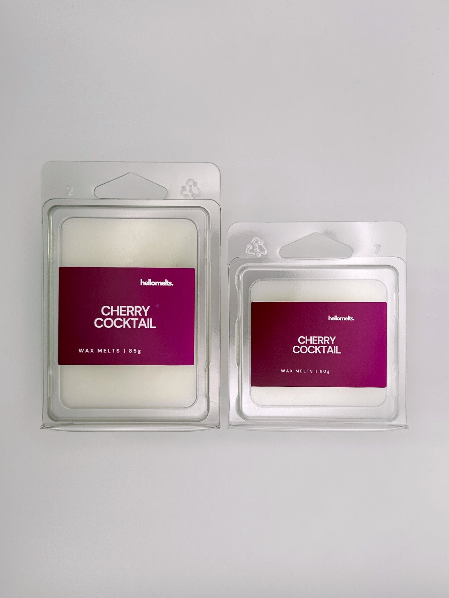 Side-by-side view of Hellomelts Cherry Cocktail wax melts in both 85g and 60g sizes from the Summer Collection
