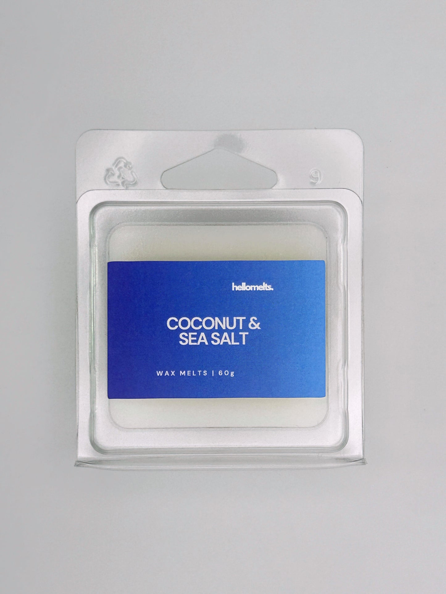 Close-up front view of Coconut & Sea Salt 60g wax melt bar by Hellomelts, showing wax texture and fresh coastal label colour