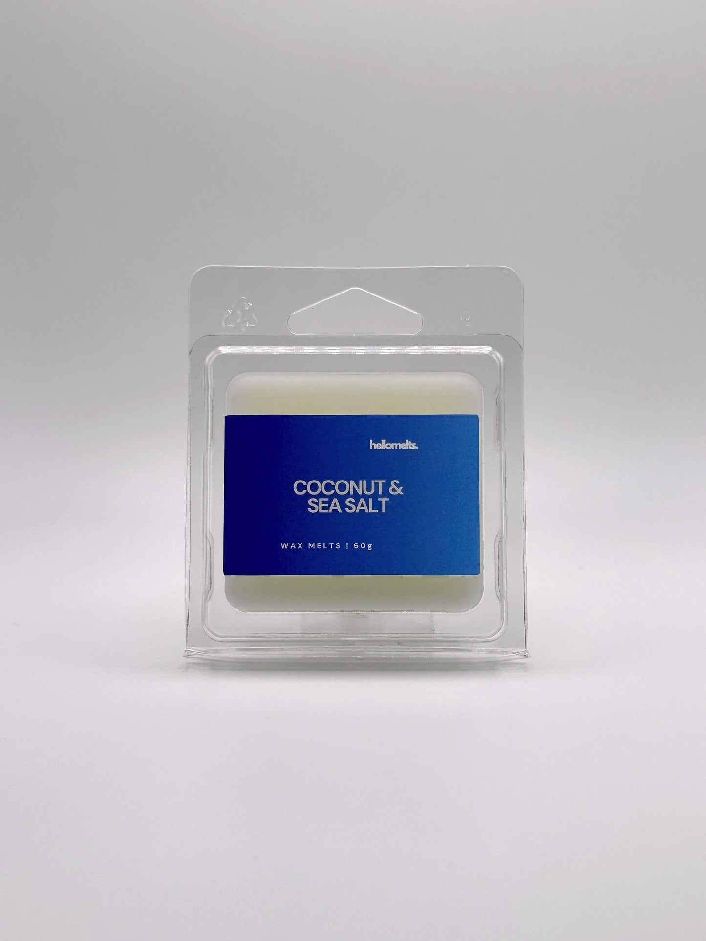 Front-facing view of Hellomelts Coconut & Sea Salt 60g wax melt bar from the Summer Collection, featuring bright coastal packaging
