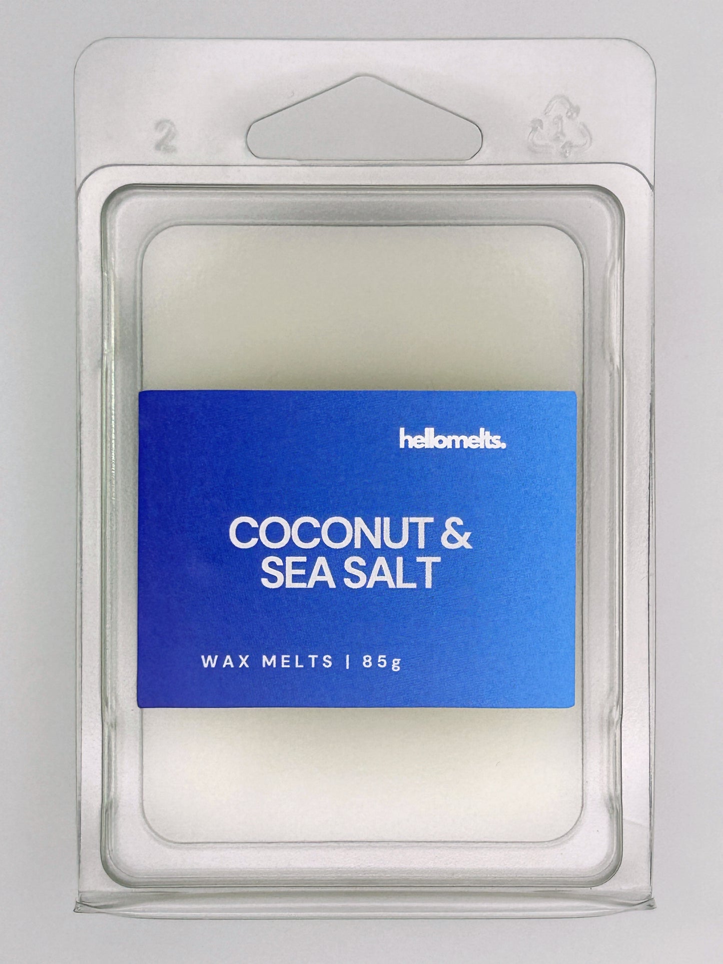 Close-up front view of Coconut & Sea Salt 85g wax melt bar by Hellomelts, showing wax texture and fresh coastal label colour