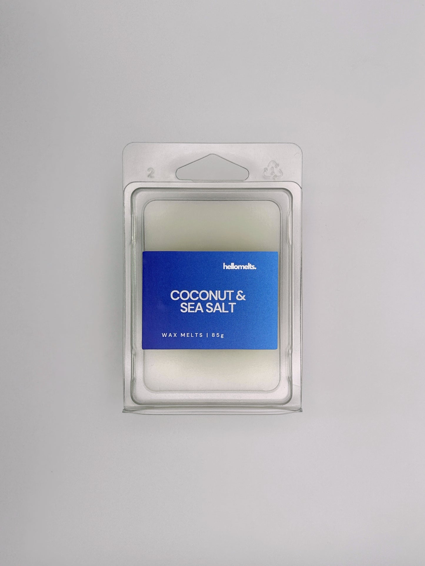 Flatlay of Coconut & Sea Salt 85g wax melt bar by Hellomelts, part of the Summer Collection with ocean-inspired colours and fresh design