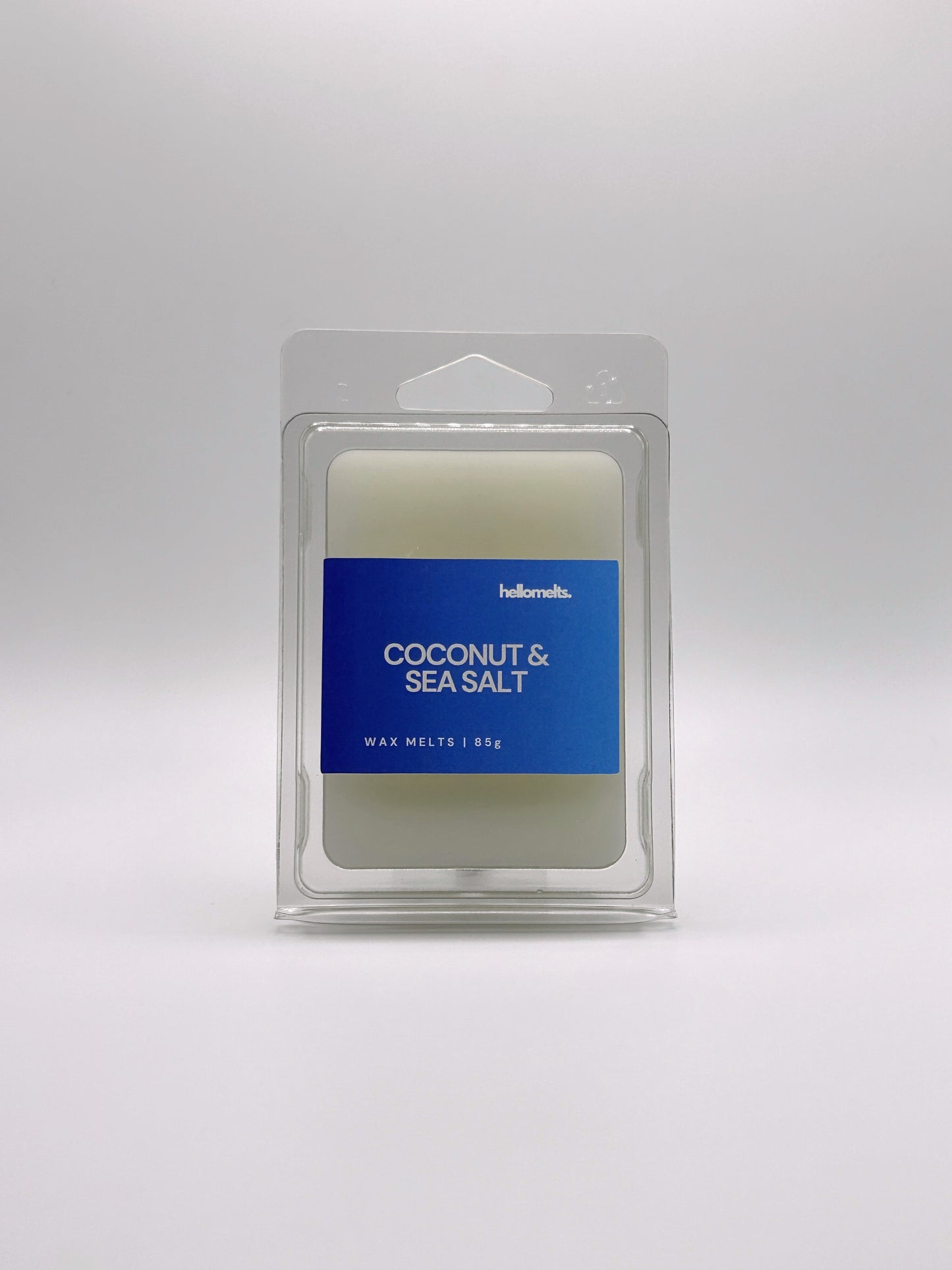 Front-facing view of Hellomelts Coconut & Sea Salt 85g wax melt bar from the Summer Collection, featuring bright coastal packaging