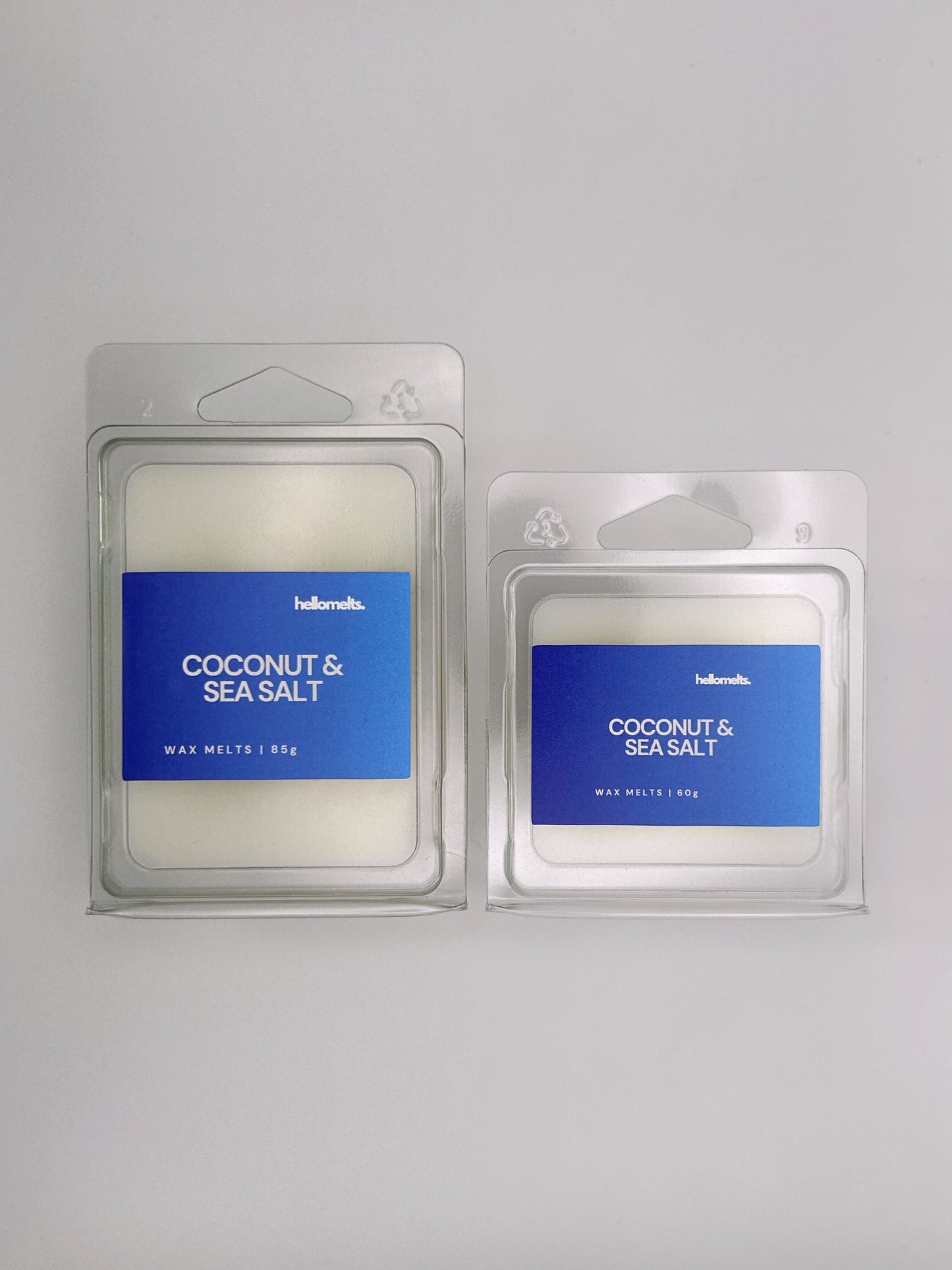 Side-by-side view of Hellomelts Coconut & Sea Salt wax melts in both 85g and 60g sizes from the Summer Collection