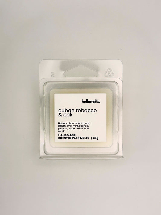 Front view of Cuban Tobacco & Oak 60g wax melt in clear clamshell packaging from the Hellomelts Autumn Collection