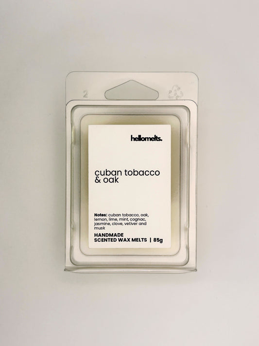 Front view of Cuban Tobacco & Oak 85g wax melt in clear clamshell packaging from the Hellomelts Autumn Collection