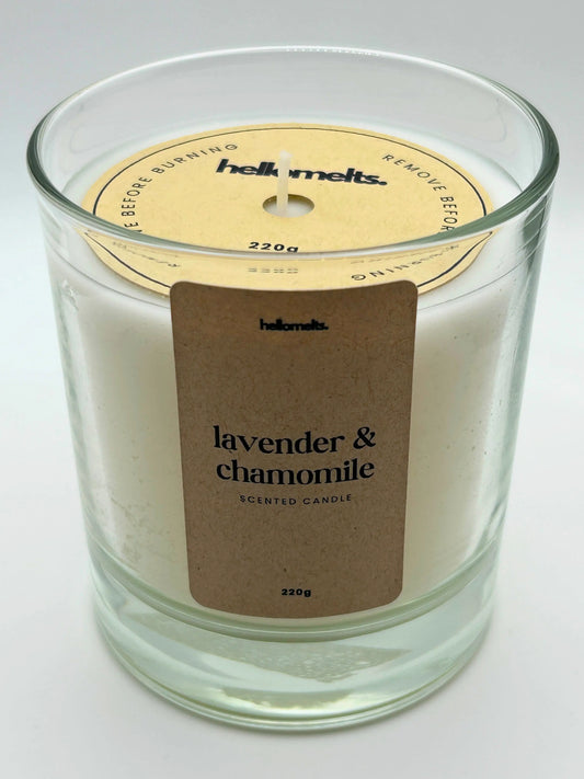 Angled front view of the Lavender & Chamomile candle with the branded cardboard wick cover on, from the Hellomelts Spring Collection.