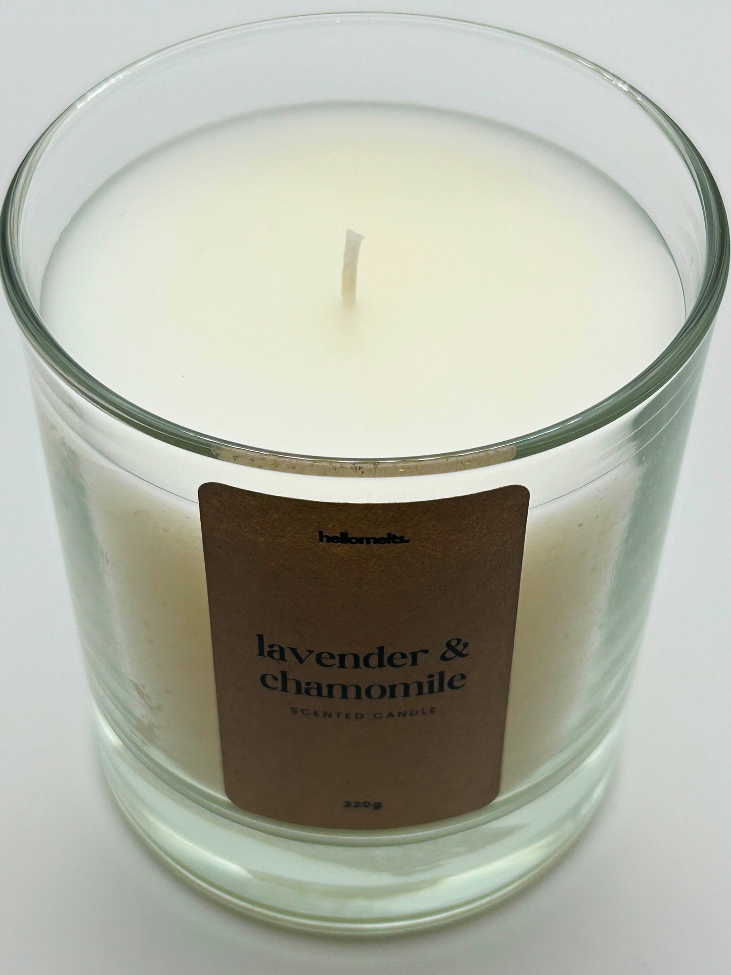 Close-up detail of the Lavender & Chamomile candle wax and wick, highlighting the clean white wax used in Hellomelts' Spring Collection.