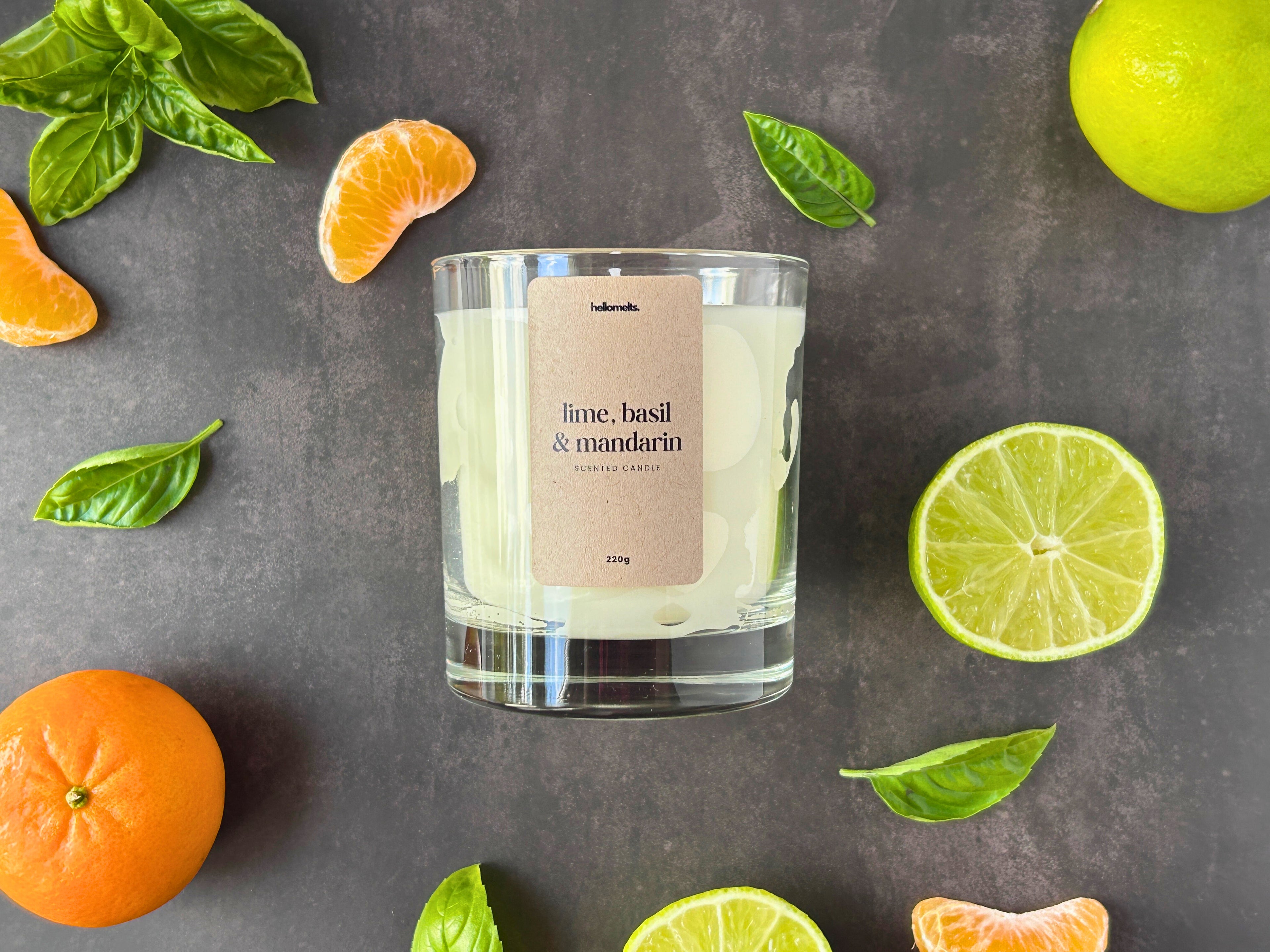 Lime, Basil & Mandarin candle outdoor photo with textured background, part of the Hellomelts Spring Collection