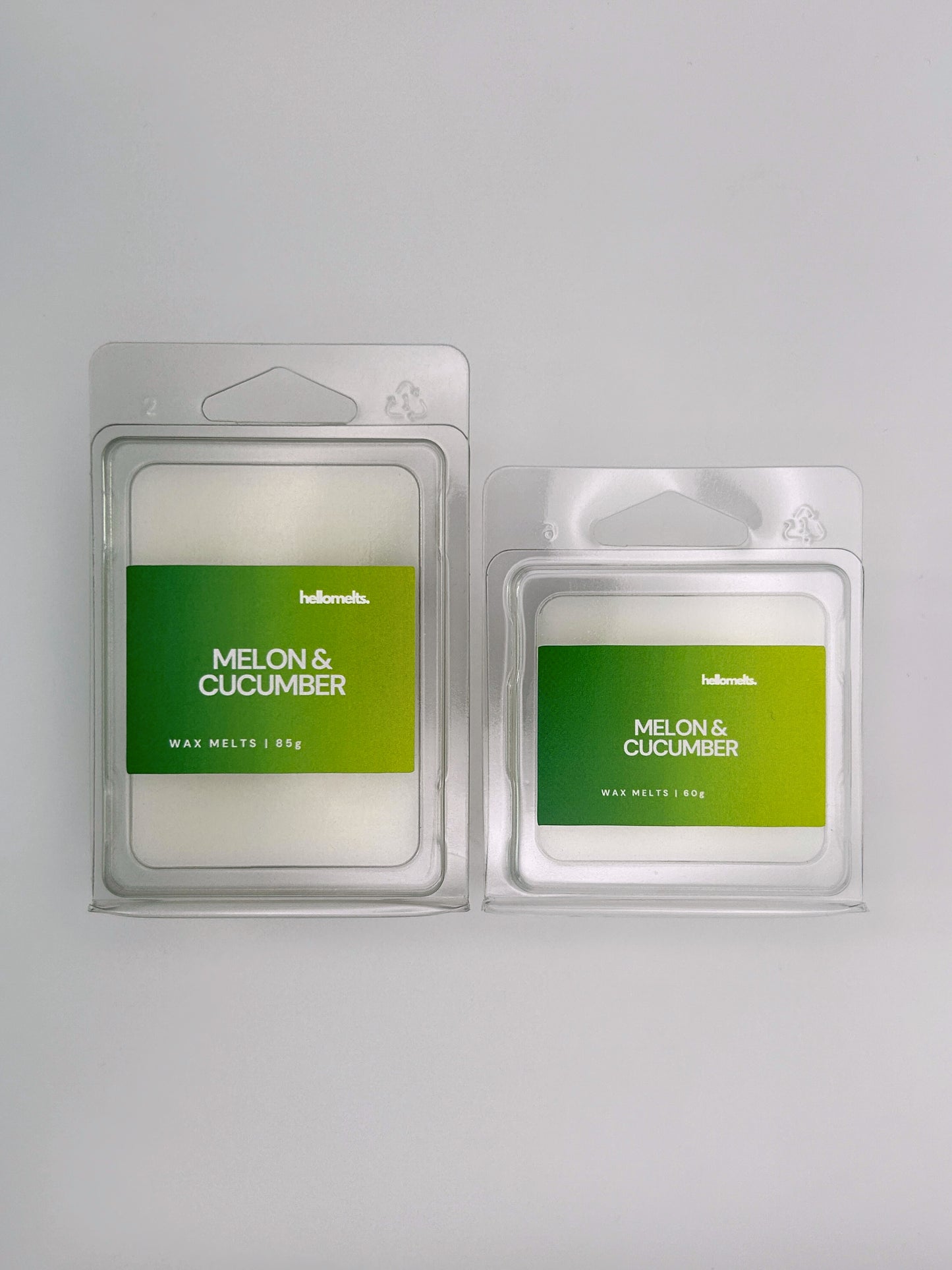 Side-by-side view of Hellomelts Melon & Cucumber wax melts in both 60g and 85g sizes from the Summer Collection