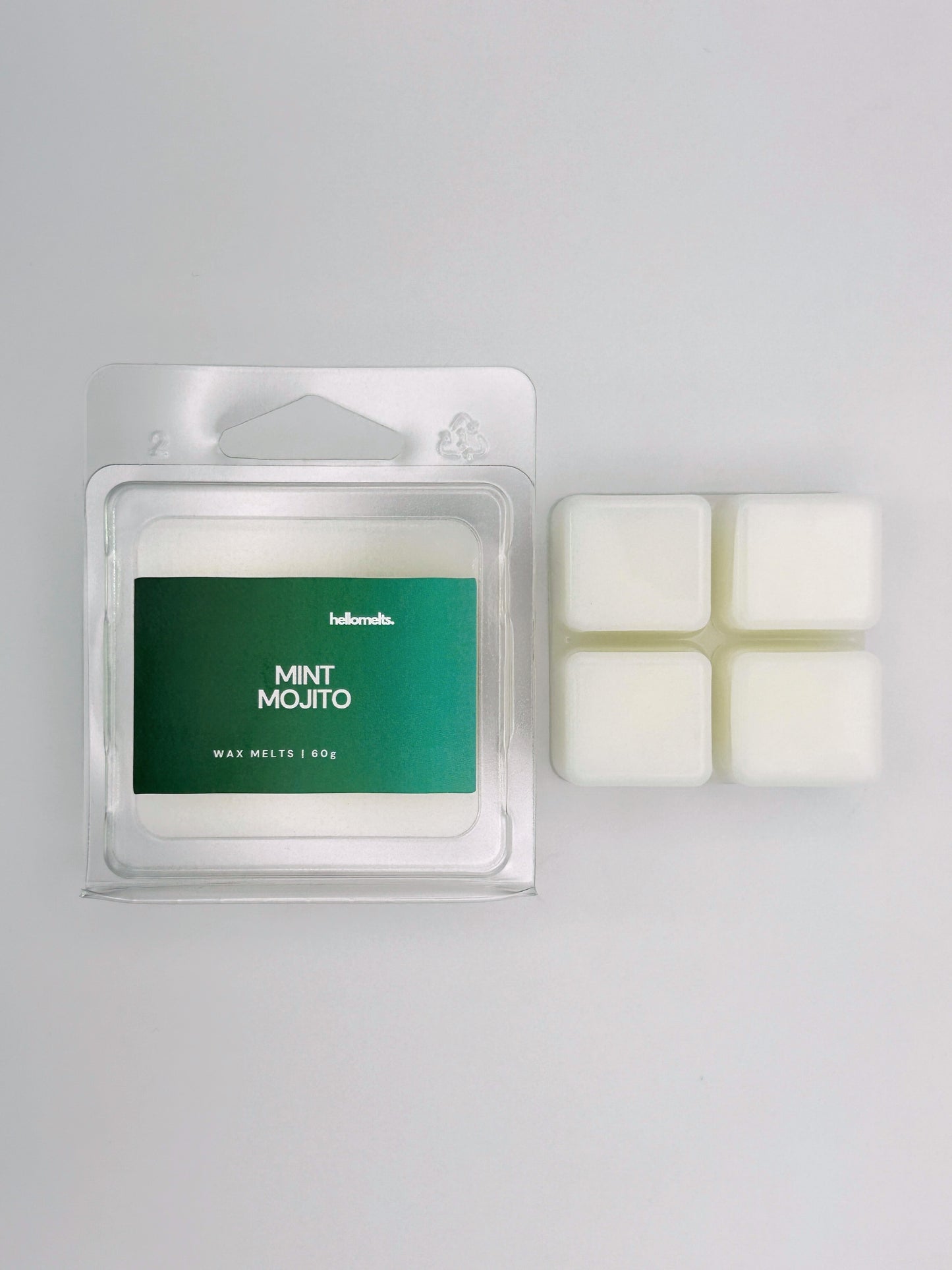 Mint Mojito 60g wax melt bar by Hellomelts pictured beside its clamshell packaging, part of the Summer Collection