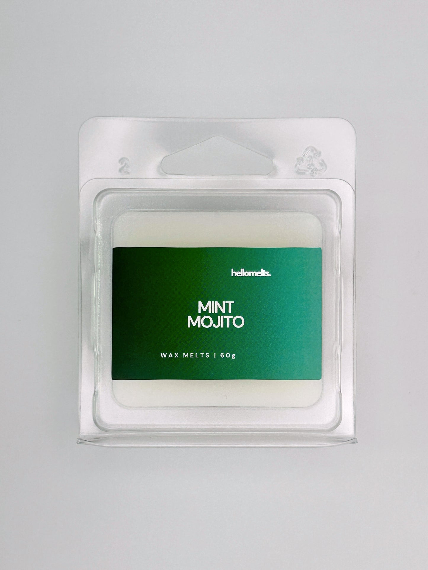 Close-up front view of Mint Mojito 60g wax melt bar by Hellomelts, showing texture of the wax and bold green label design