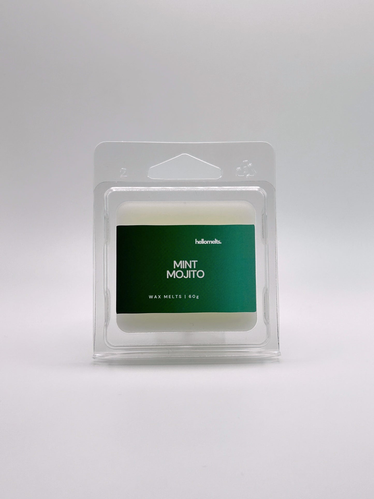 Front-facing view of Hellomelts Mint Mojito 60g wax melt bar from the Summer Collection, featuring bold green label and compact clamshell packaging