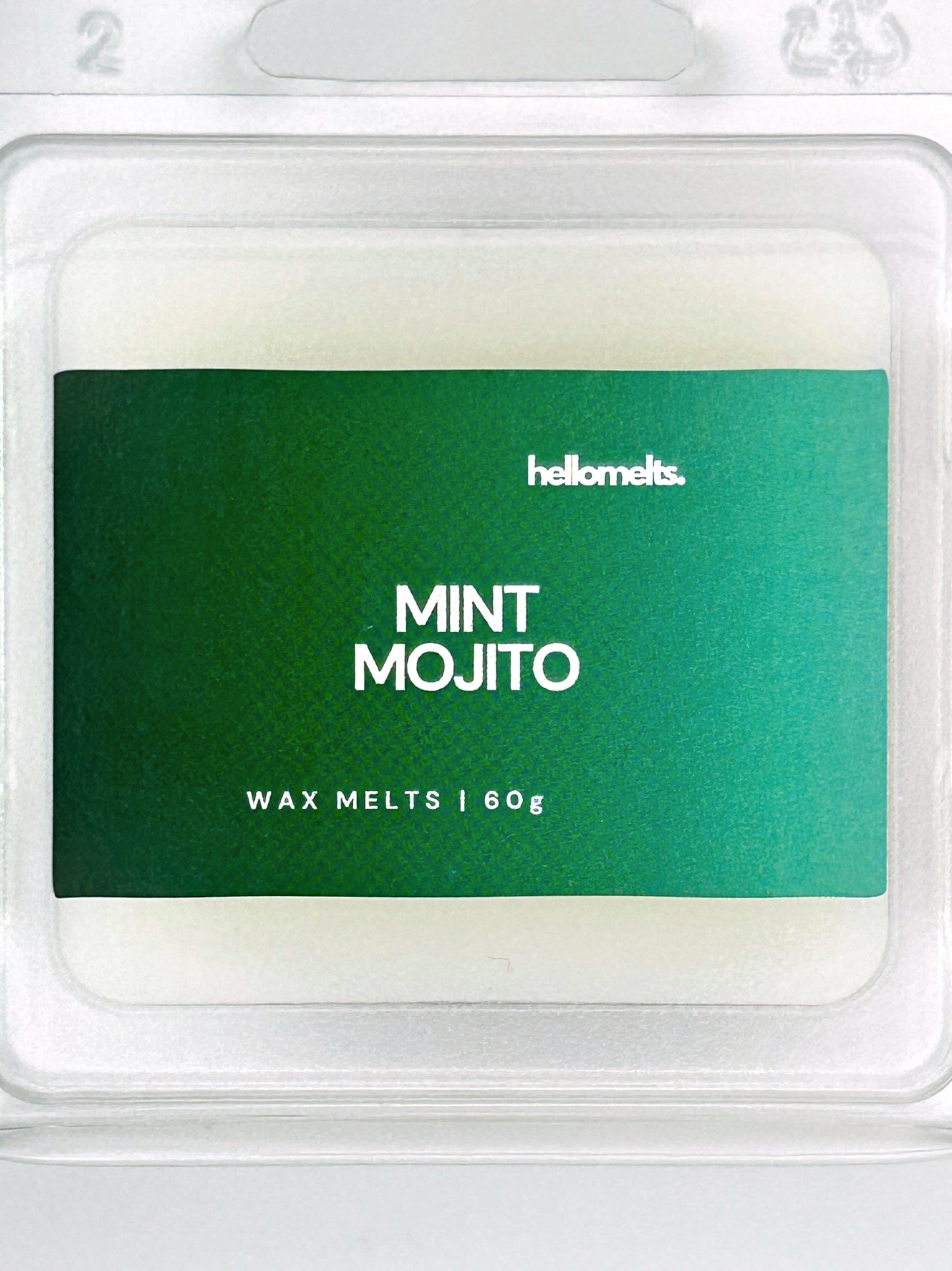 Close-up of the Mint Mojito 60g wax melt label by Hellomelts, highlighting crisp branding and vibrant summer colours