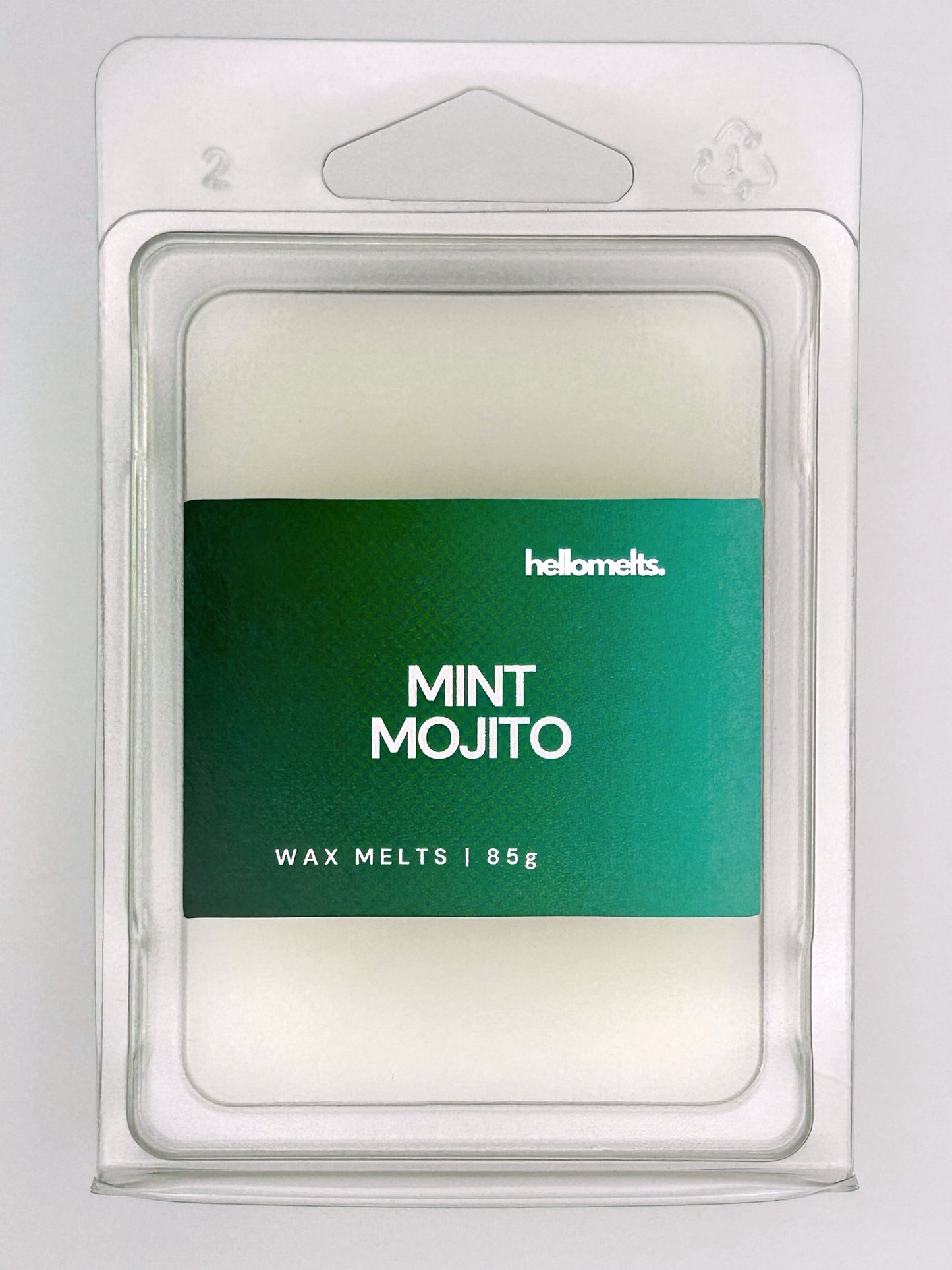 Close-up front view of Mint Mojito 85g wax melt bar by Hellomelts, showing wax texture and bold green summer label