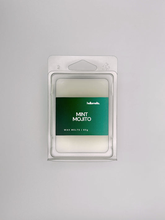 Flatlay of Mint Mojito 85g wax melt bar by Hellomelts, part of the Summer Collection with crisp white wax and bold summer label