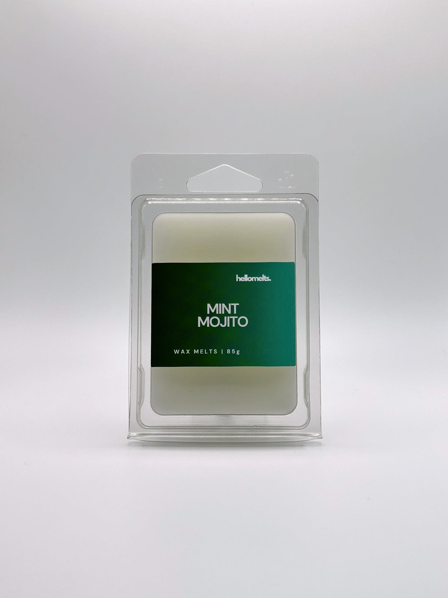 Front-facing view of Hellomelts Mint Mojito 85g wax melt bar from the Summer Collection, featuring vibrant green label with a fresh cocktail theme