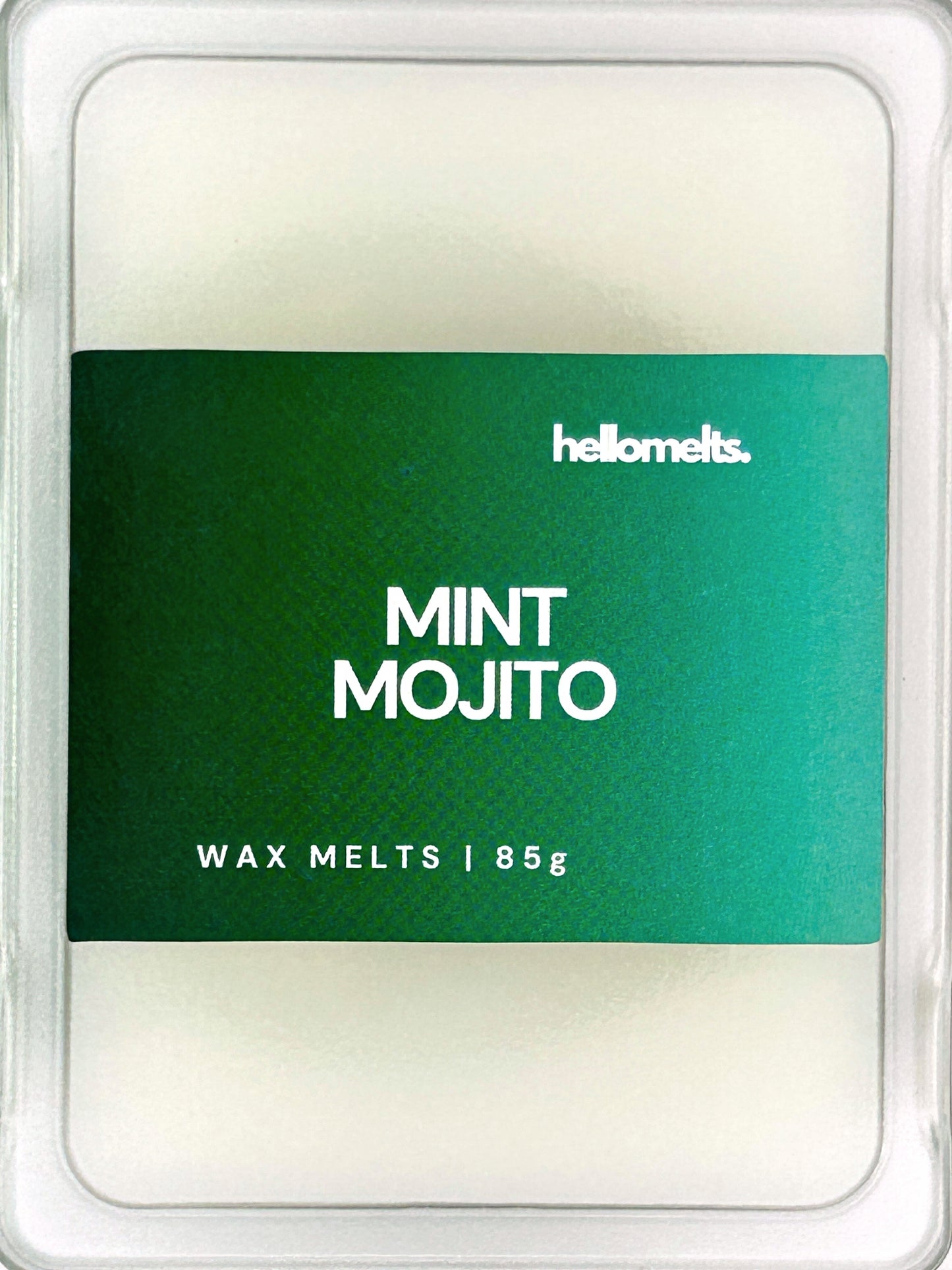 Close-up of the Mint Mojito 85g wax melt label, showing detailed Hellomelts branding and mojito-inspired summer design
