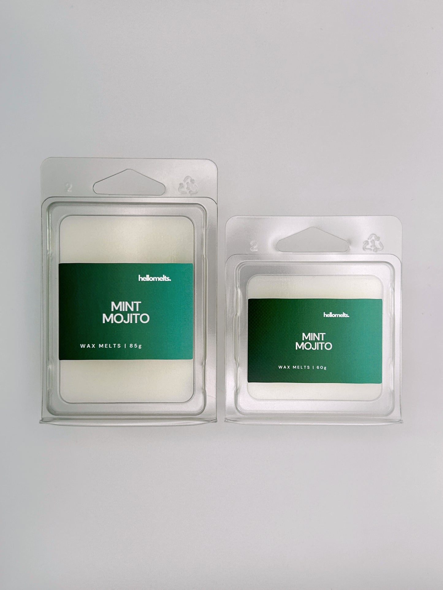Side-by-side view of Hellomelts Mint Mojito wax melts in both 60g and 85g sizes from the Summer Collection