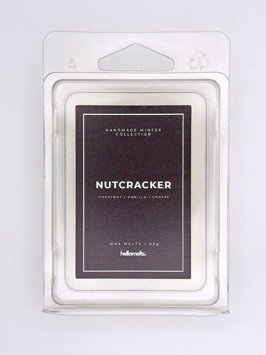 Nutcracker 85g wax melt label close-up on the clamshell packaging from the Hellomelts Winter Collection