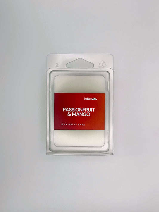 Flatlay of Passionfruit & Mango 85g wax melt bar by Hellomelts, part of the Summer Collection with tropical colours and bold design