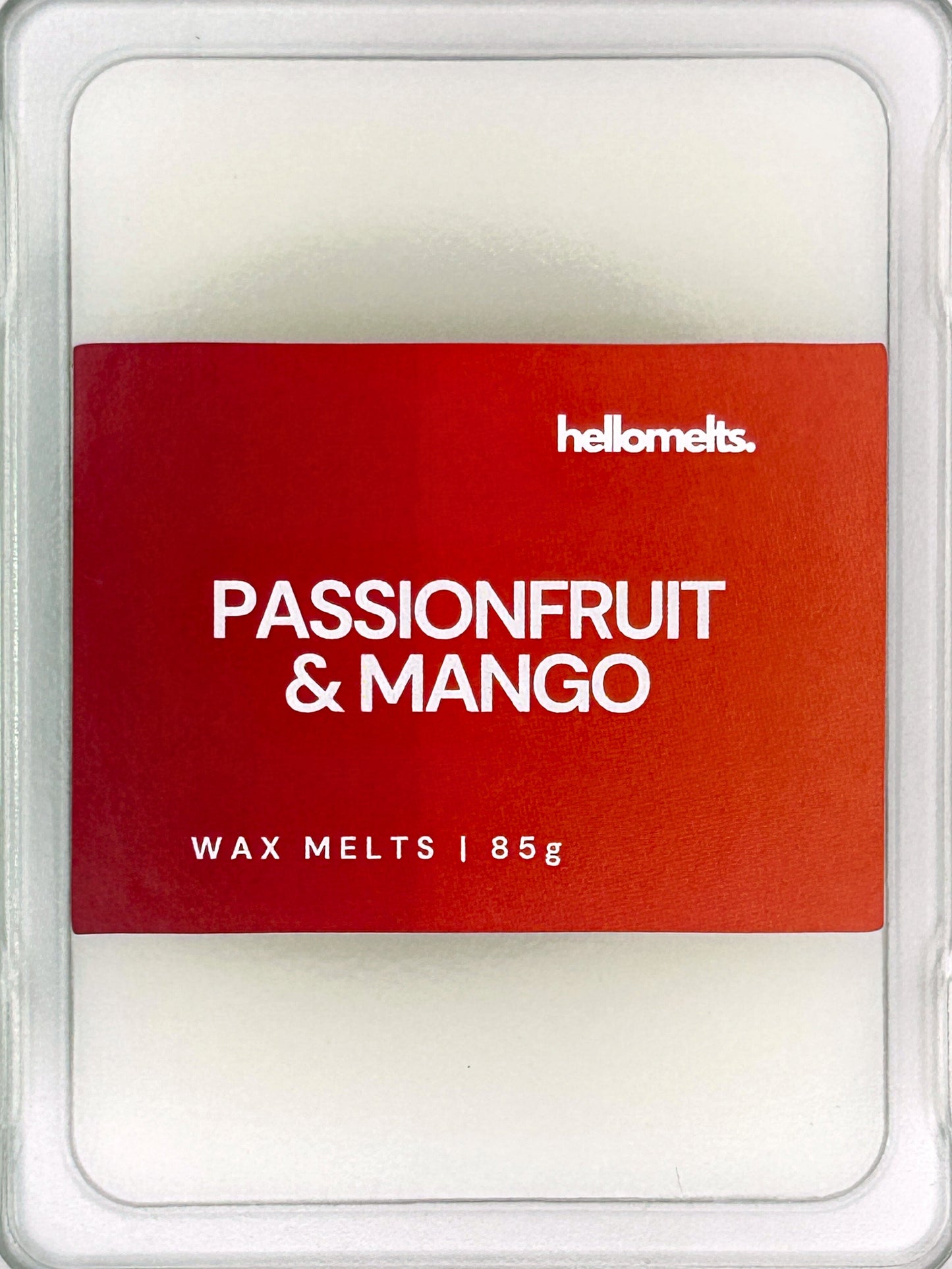 Close-up of the Passionfruit & Mango 85g wax melt label, showing detailed branding and tropical fruit scent design from Hellomelts