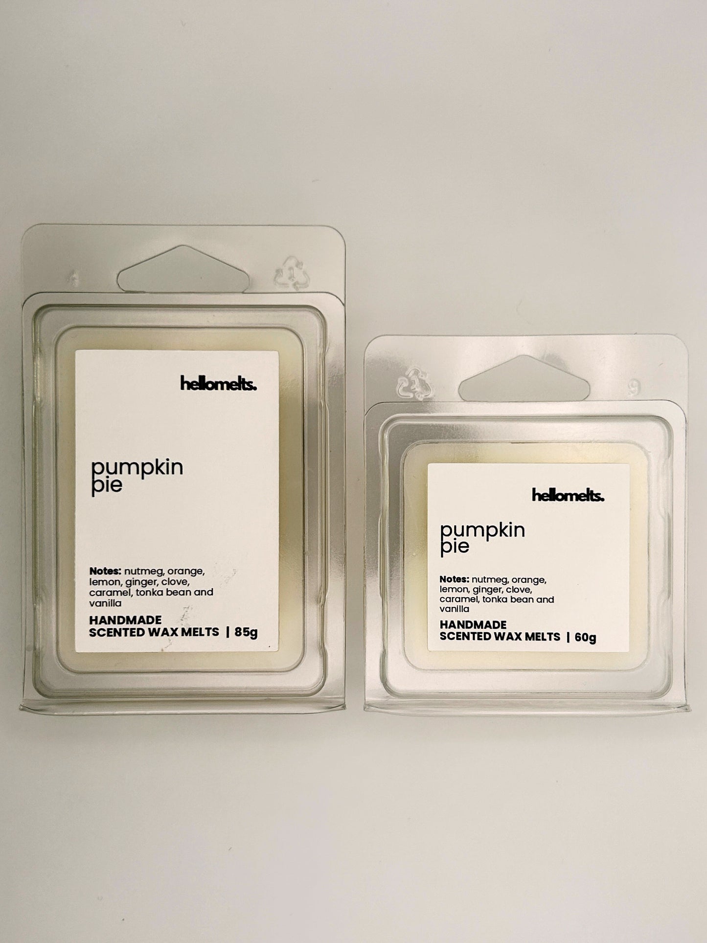 Pumpkin Pie wax melts in 60g and 85g clamshells shown side by side from the Hellomelts Autumn Collection