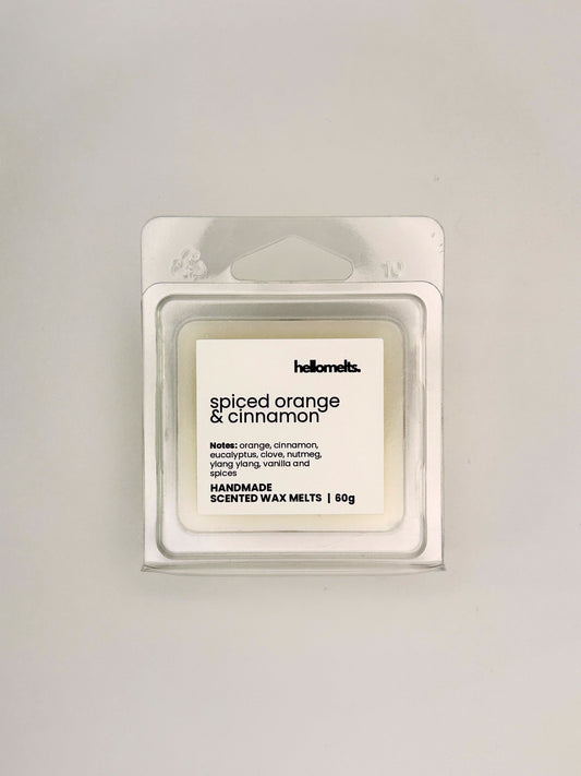 Front view of Spiced Orange & Cinnamon 60g wax melt in clear clamshell packaging from the Hellomelts Autumn Collection