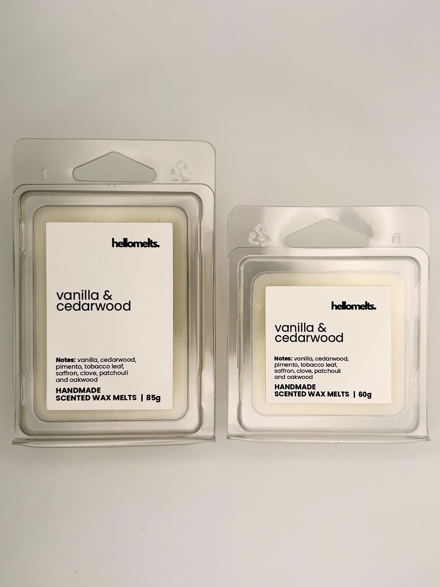 Vanilla & Cedarwood wax melts in 60g and 85g clamshells shown side by side from the Hellomelts Autumn Collection