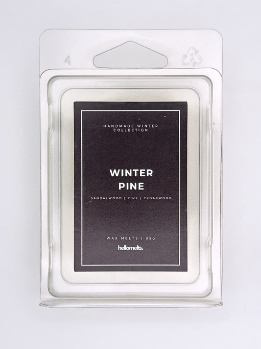 Winter Pine 85g wax melt label close-up on the clamshell packaging from the Hellomelts Winter Collection