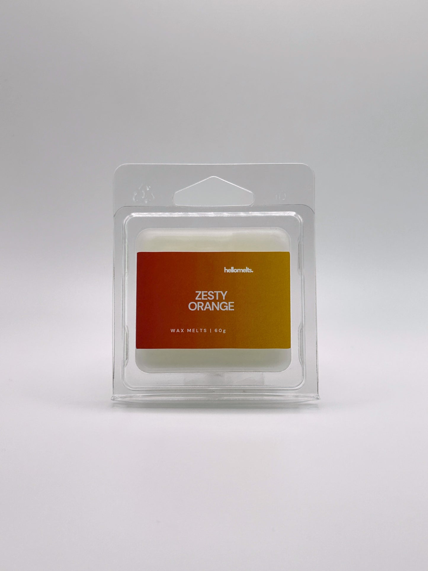 Front-facing view of Hellomelts Zesty Orange 60g wax melt bar from the Summer Collection, featuring fresh citrus-themed packaging