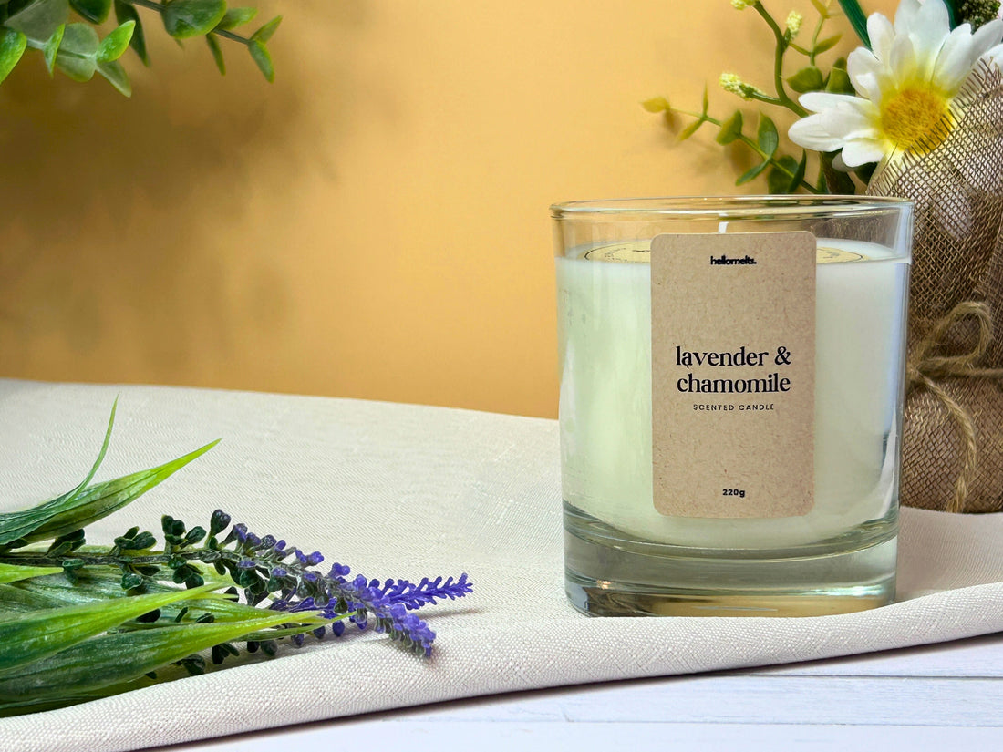 Lavender and chamomile scented candle creating a calm atmosphere at home