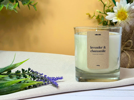 Lavender and chamomile scented candle creating a calm atmosphere at home
