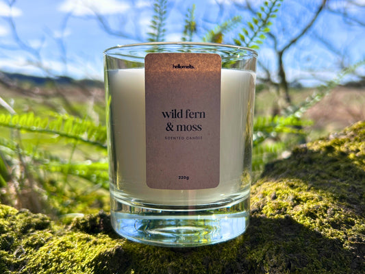 Wild Fern and Moss scented candle outdoors in natural light representing the seasonal transition from winter to spring