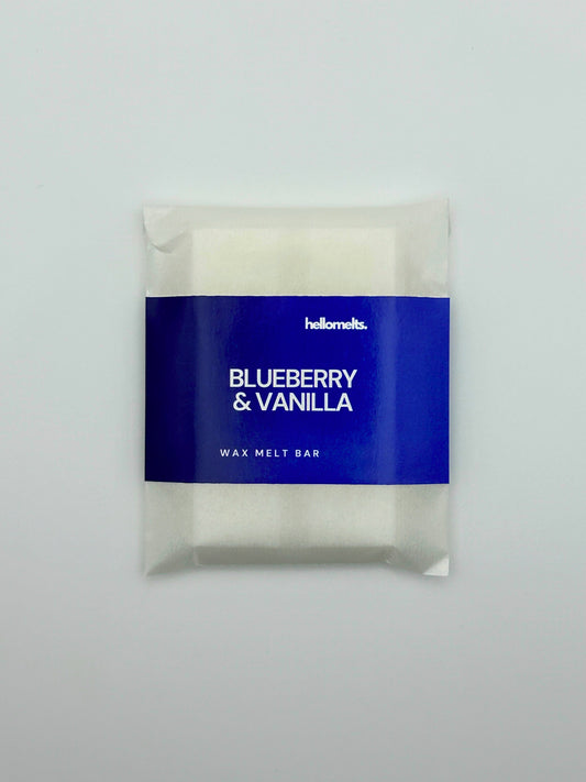 Flatlay top-down view of the Blueberry & Vanilla 30g wax melt bar by Hellomelts from the Summer Collection.