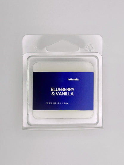 Close-up front view of Blueberry & Vanilla 60g wax melt bar by Hellomelts, showing rich label colour tones and wax texture