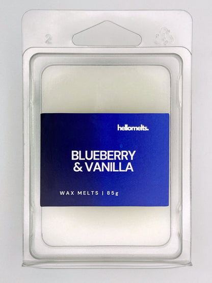 Close-up front view of Blueberry & Vanilla 85g wax melt bar by Hellomelts, showing wax texture and bold label colour