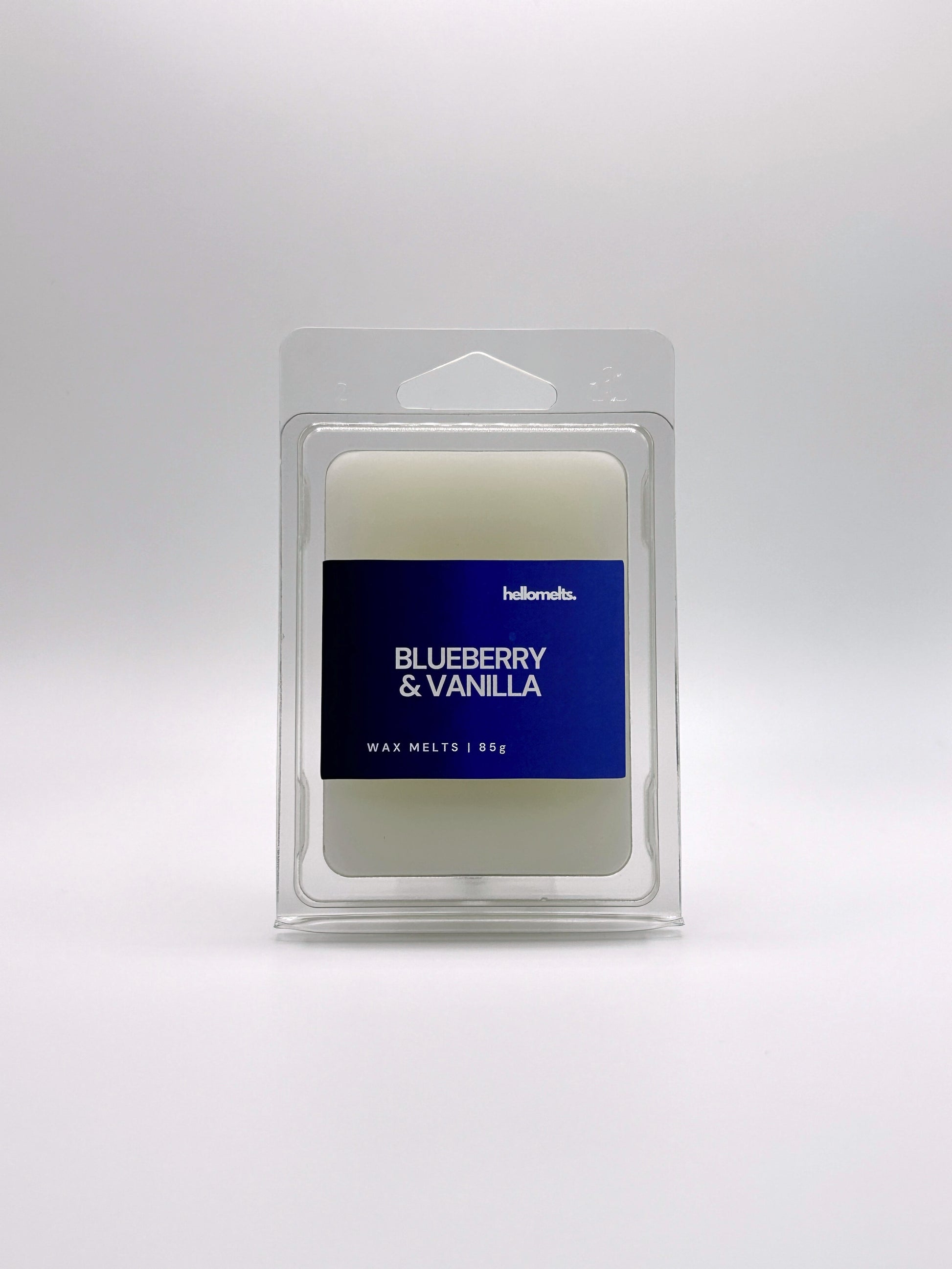 Front-facing view of Hellomelts Blueberry & Vanilla 85g wax melt bar from the Summer Collection, featuring rich blueberry-toned label