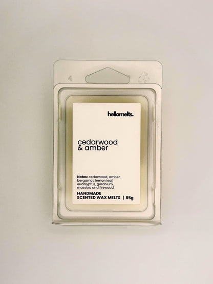 Front view of Cedarwood & Amber 85g wax melt in clear clamshell packaging from the Hellomelts Autumn Collection
