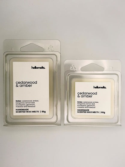 Cedarwood & Amber wax melts in 60g and 85g clamshells shown side by side from the Hellomelts Autumn Collection