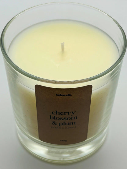 Close-up detail of the Cherry Blossom & Plum candle wax and wick, highlighting the off-white wax used in Hellomelts' Spring Collection.