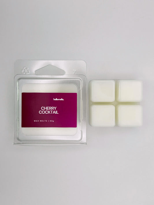 Cherry Cocktail 60g wax melt bar by Hellomelts shown beside its clamshell packaging, part of the Summer Collection