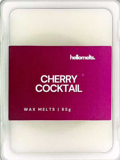 Close-up of the Cherry Cocktail 85g wax melt label, showing detailed Hellomelts branding and rich cherry-inspired design