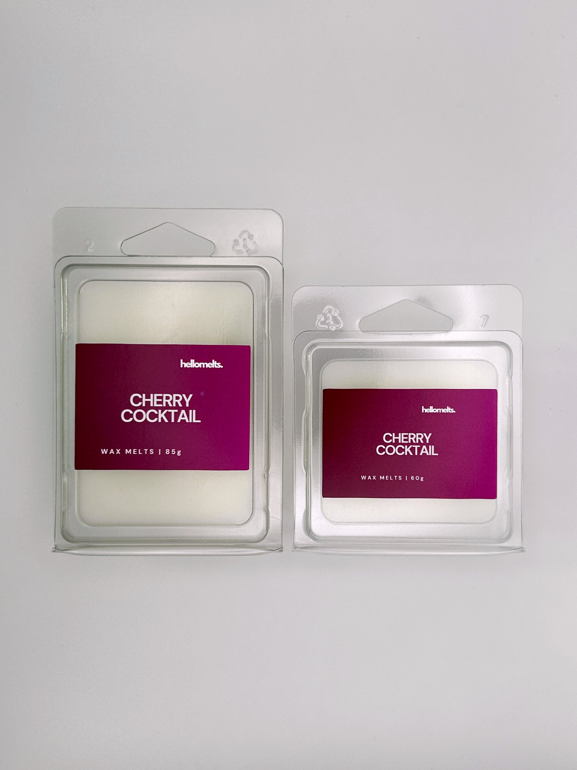 Side-by-side view of Hellomelts Cherry Cocktail wax melts in both 85g and 60g sizes from the Summer Collection